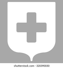 Medical Shield vector icon. Style is flat symbol, white color, rounded angles, silver background.
