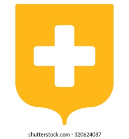 Medical Shield vector icon. Style is flat symbol, yellow color, rounded angles, white background.