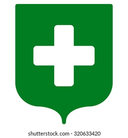 Medical Shield vector icon. Style is flat symbol, green color, rounded angles, white background.