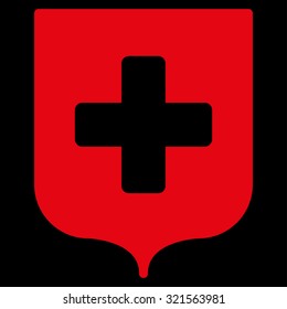 Medical Shield vector icon. Style is flat symbol, red color, rounded angles, black background.