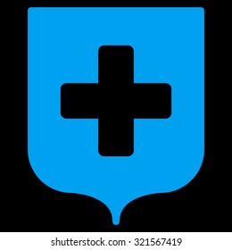 Medical Shield vector icon. Style is flat symbol, blue color, rounded angles, black background.