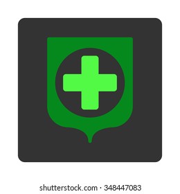 Medical Shield vector icon. Style is flat rounded square dark gray button, green symbol, white background.