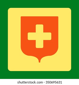 Medical Shield vector icon. Style is flat rounded square button, orange and yellow colors, green background.