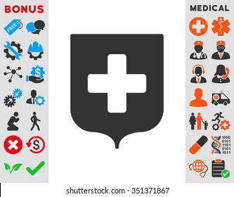 Medical Shield vector icon. Style is bicolor flat symbol, blue and gray colors, rounded angles, white background.