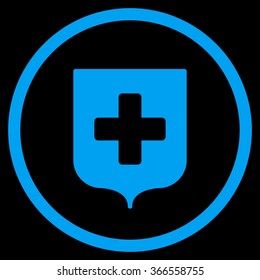 Medical Shield vector icon. Style is flat circled symbol, blue color, rounded angles, black background.