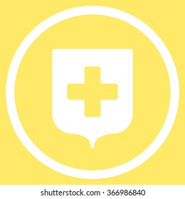 Medical Shield vector icon. Style is flat circled symbol, white color, rounded angles, yellow background.