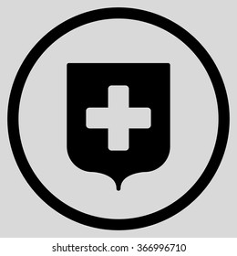 Medical Shield vector icon. Style is flat circled symbol, black color, rounded angles, light gray background.