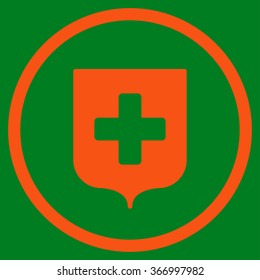 Medical Shield vector icon. Style is flat circled symbol, orange color, rounded angles, green background.