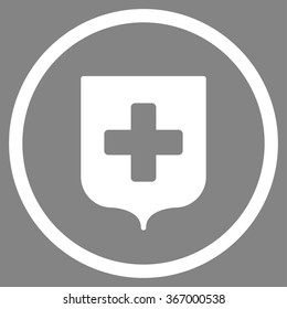 Medical Shield vector icon. Style is flat circled symbol, white color, rounded angles, gray background.