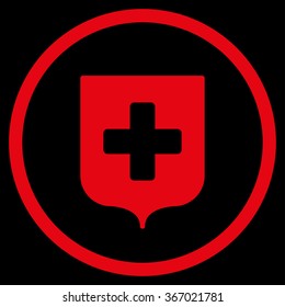 Medical Shield vector icon. Style is flat circled symbol, red color, rounded angles, black background.