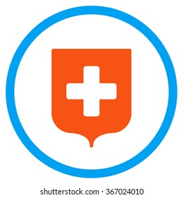 Medical Shield vector icon. Style is flat circled symbol, orange and blue colors, rounded angles, white background.