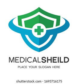 Medical Shield Vector Logo Template. This Design Use Cross Or Plus Symbol. Suitable For Health Business.