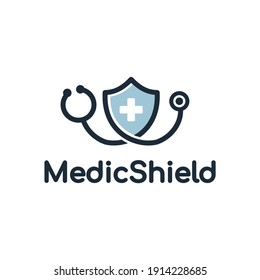 Medical Shield Vector Logo Template. This Design Use Stethoscope And Plus Oor Cross Symbol. Suitable For Health.