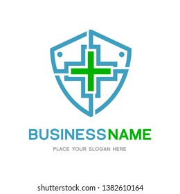 Medical shield vector template logo. This graphic with cross symbol. Suitable for hospital, doctor, secure, life, health, protect.