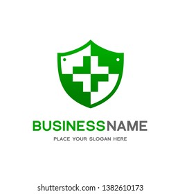 Medical shield vector template logo. This graphic with cross symbol. Suitable for hospital, doctor, secure, life, health, protect.
