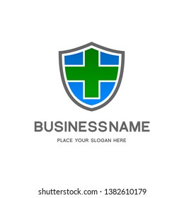 Medical shield vector template logo. This graphic with cross symbol. Suitable for hospital, doctor, secure, life, health, protect.