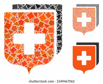 Medical shields mosaic of tremulant elements in various sizes and color tinges, based on medical shields icon. Vector tremulant pieces are organized into mosaic.