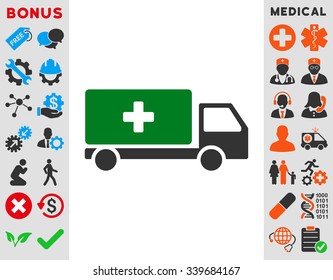 Medical Shipment vector icon with bonus. Style is bicolor flat symbol, green and gray colors, rounded angles, white background.