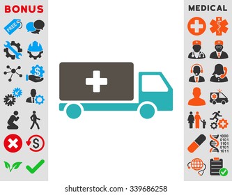 Medical Shipment vector icon with bonus. Style is bicolor flat symbol, grey and cyan colors, rounded angles, white background.