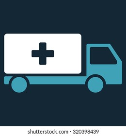 Medical Shipment vector icon. Style is bicolor flat symbol, blue and white colors, rounded angles, dark blue background.