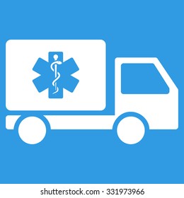 Medical Shipment vector icon. Style is flat symbol, white color, rounded angles, blue background.