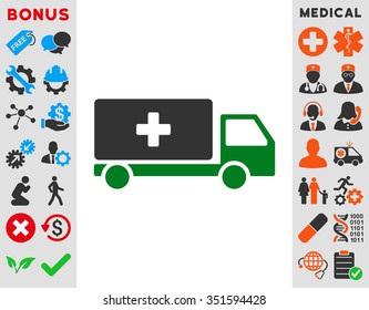 Medical Shipment vector icon. Style is bicolor flat symbol, green and gray colors, rounded angles, white background.