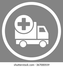 Medical Shipment vector icon. Style is flat circled symbol, white color, rounded angles, gray background.