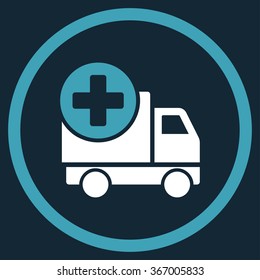 Medical Shipment vector icon. Style is bicolor flat circled symbol, blue and white colors, rounded angles, dark blue background.