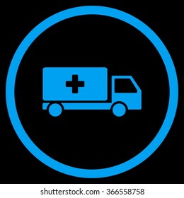 Medical Shipping vector icon. Style is flat circled symbol, blue color, rounded angles, black background.