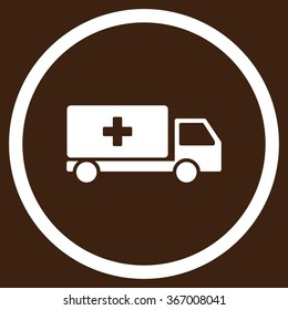 Medical Shipping vector icon. Style is flat circled symbol, white color, rounded angles, brown background.