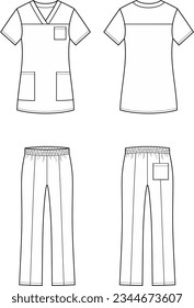 Medical shirt and pants flat sketch. Work wear apparel design. Front back. Women CAD mockup. Fashion technical drawing template. Vector illustration.