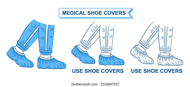 Medical Shoe Covers Icon Set. Use Sterile Protective Overshoes. Blue Personal Disposable Foot Uniform. Wear Surgical Plastic Footwear Bag. Hygiene Protection Hospital Floor From Dirt. Outline Vector