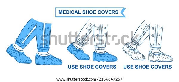 Medical shoe covers icon set. Use sterile\
protective overshoes. Blue personal disposable foot uniform. Wear\
surgical plastic footwear bag. Hygiene protection hospital floor\
from dirt. Outline\
vector