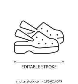 Medical shoes linear icon. Protective personal equipment, sterile foot wear. Footwear for nurse. Thin line customizable illustration. Contour symbol. Vector isolated outline drawing. Editable stroke