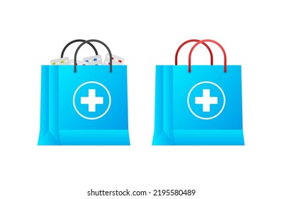 Medical shop bag in flat style. Online shopping. Pharmacy, drug store