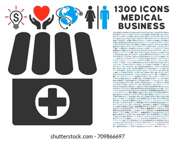 Medical Shop grey vector icon with 1300 health care commercial pictograms. Clipart style is flat bicolor light blue and gray pictograms.