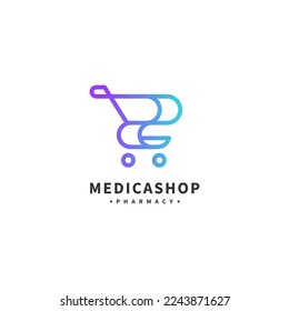 medical shop logo design with trolley capsule line art style icon