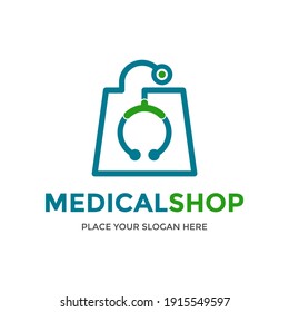 Plantilla de logotipo vectorial de tienda médica. Este diseño utiliza el símbolo del estetoscopio. Adecuado para el negocio de las maletas y la salud.