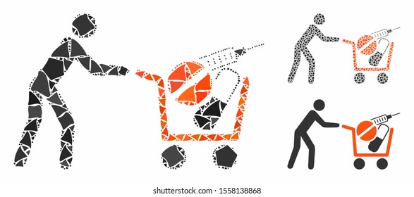 Medical shopping mosaic of ragged items in various sizes and color hues, based on medical shopping icon. Vector humpy dots are united into mosaic. Medical shopping icons collage with dotted pattern.