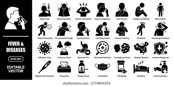 Medical sickness and viral infection solid black vector icons on a white background. Features specific symptoms like high fever, shivering chills, sore throat, and fatigue. Includes treatment items like tissue boxes, pill bottles, and hand sanitizer. Ideal for healthcare infographics, medical websites, and clinic educational materials.