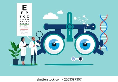 Medical sight checkup, diagnosis and look treatment. Optical lens examination and retina correction scene. Ophthalmology as eye and vision healthcare occupation.