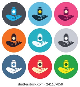 Medical sign icon. Health insurance. Drugs or pills bottle. Colored round buttons. Flat design circle icons set. Vector