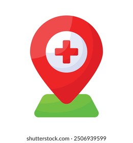 Medical sign inside map pin denoting concept icon of hospital location