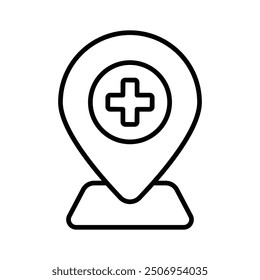 Medical sign inside map pin denoting concept icon of hospital location