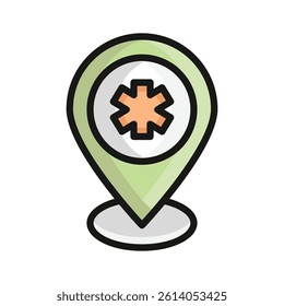 Medical sign inside map pin denoting concept icon of hospital location