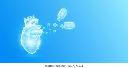 Medical sign symbol blue cross floats out capsule absorbs into the heart. Emergency medicine first aid and health care innovation treatment. Human heart organ translucent low poly triangles. Vector.