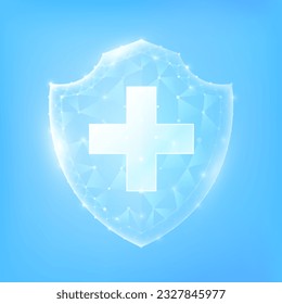 Medical sign symbol blue cross in shield poly triangle glowing on blue background. Immunity protection innovation. Medical care science concept. Realistic 3D Vector illustration.