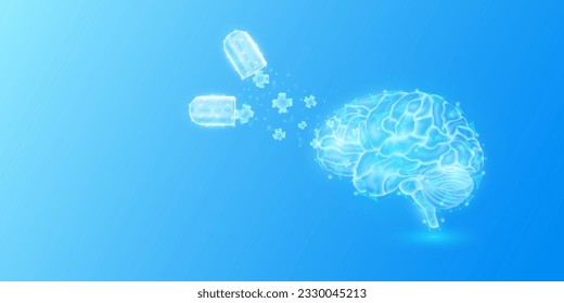 Medical sign symbol blue cross floats out capsule absorbs into the brain. Emergency medicine first aid and health care innovation treatment. Human organ translucent low poly triangles. Vector.