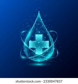 Medical sign symbol blue cross in water drop low poly triangle glowing on blue background. Immunity protection innovation. Medical care science concept. Realistic 3D Vector illustration.