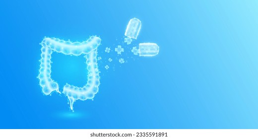 Medical sign symbol blue cross floats out capsule absorbs into the intestine. Emergency medicine first aid and health care innovation treatment. Human heart organ translucent low poly. Vector.